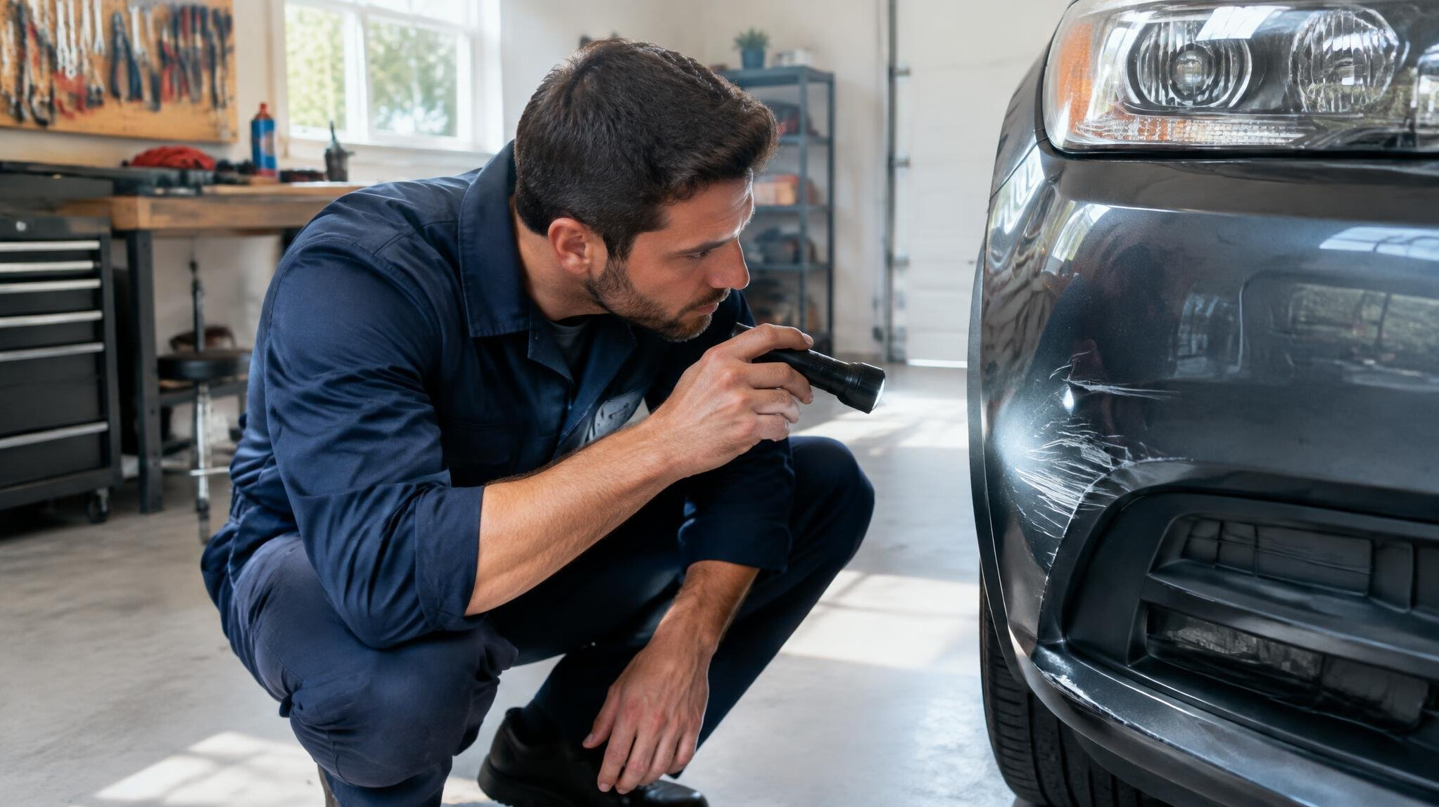 Mechanic inspecting the front bumper of a car in a garage